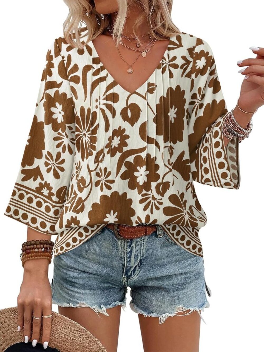 Womens V Neck 3/4 Sleeve Bohemian Casual Blouses Loose Fit Tunic Tops Shirt Boho